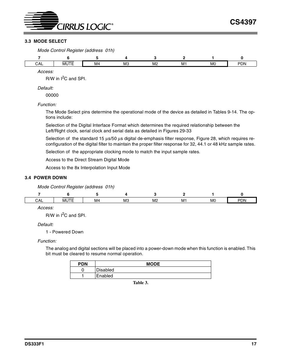 3 mode select, 4 power down, Table 3 | 3 mode select 3.4 power down, Cs4397 | Cirrus Logic CS4397 User Manual | Page 17 / 34