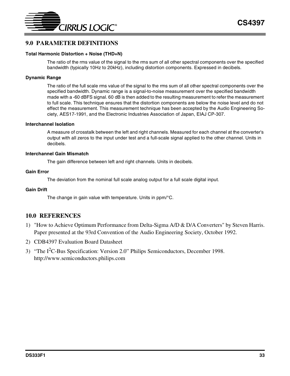 0 parameter definitions, Total harmonic distortion + noise (thd+n), Dynamic range | Interchannel isolation, Interchannel gain mismatch, Gain error, Gain drift, 0 references, 0 parameter definitions 10.0 references, Cs4397 | Cirrus Logic CS4397 User Manual | Page 33 / 34