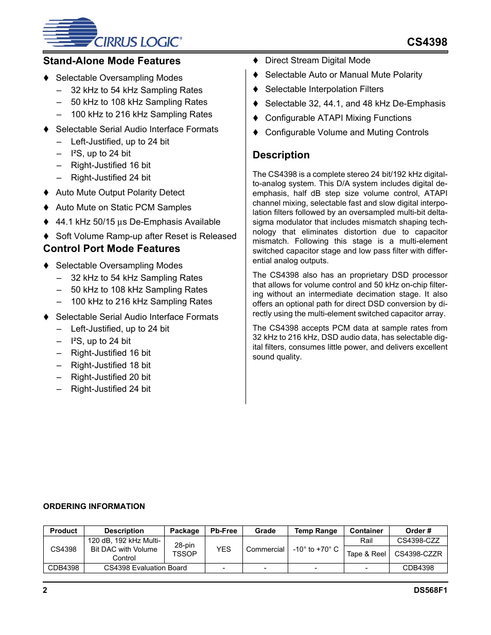 Cs4398, Stand-alone mode features, Control port mode features | Description | Cirrus Logic CS4398 User Manual | Page 2 / 46