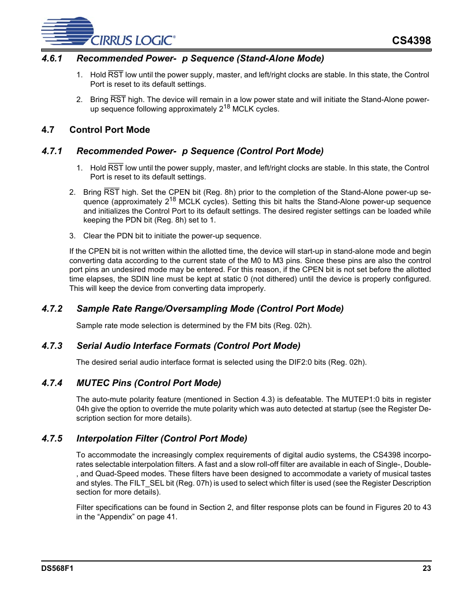 1 recommended power-up sequence (stand-alone mode), 7 control port mode, 4 mutec pins (control port mode) | 5 interpolation filter (control port mode), Cs4398 | Cirrus Logic CS4398 User Manual | Page 23 / 46