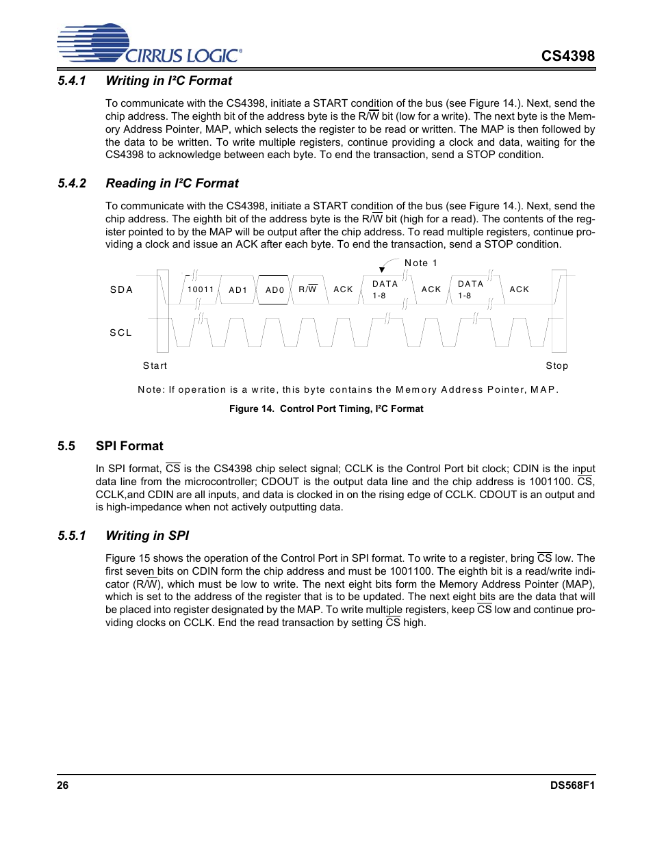 1 writing in i2c format, 2 reading in i2c format, 5 spi format | 1 writing in spi, Figure 14. control port timing, i²c format, Cs4398 | Cirrus Logic CS4398 User Manual | Page 26 / 46