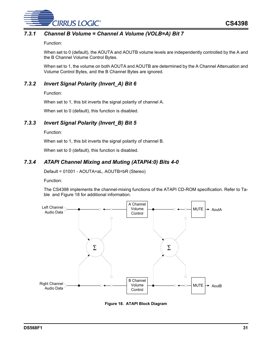 2 invert signal polarity (invert_a) bit 6, 3 invert signal polarity (invert_b) bit 5, Figure 18. atapi block diagram | Cs4398 | Cirrus Logic CS4398 User Manual | Page 31 / 46