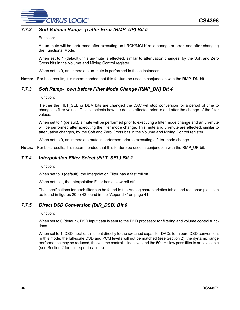 2 soft volume ramp-up after error (rmp_up) bit 5, 4 interpolation filter select (filt_sel) bit 2, 5 direct dsd conversion (dir_dsd) bit 0 | Cs4398 | Cirrus Logic CS4398 User Manual | Page 36 / 46