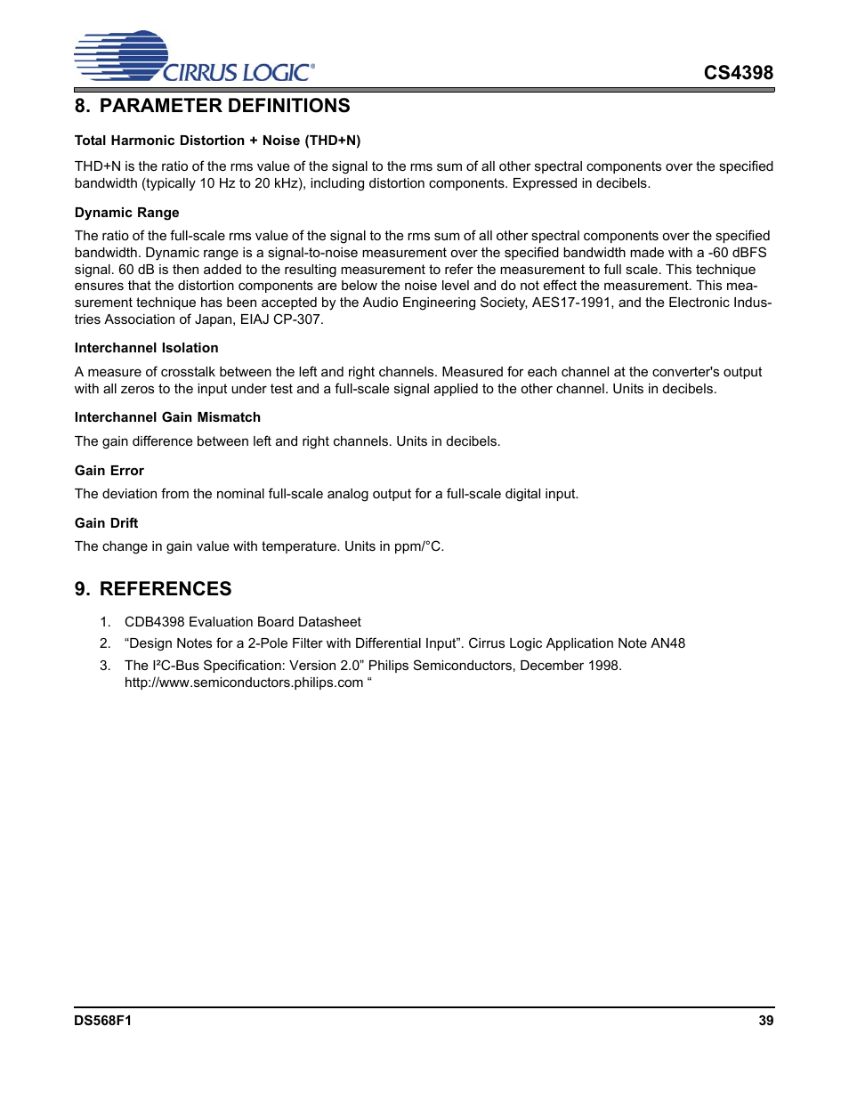 Parameter definitions, References, Parameter definitions 9. references | Cirrus Logic CS4398 User Manual | Page 39 / 46