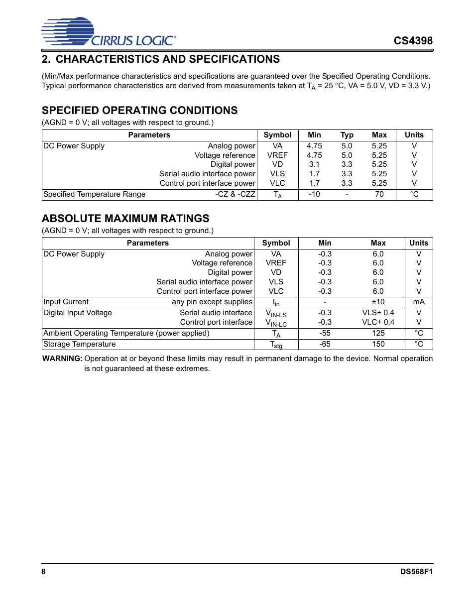 Characteristics and specifications, Specified operating characteristics, Absolute maximum ratings | Specified operating conditions | Cirrus Logic CS4398 User Manual | Page 8 / 46
