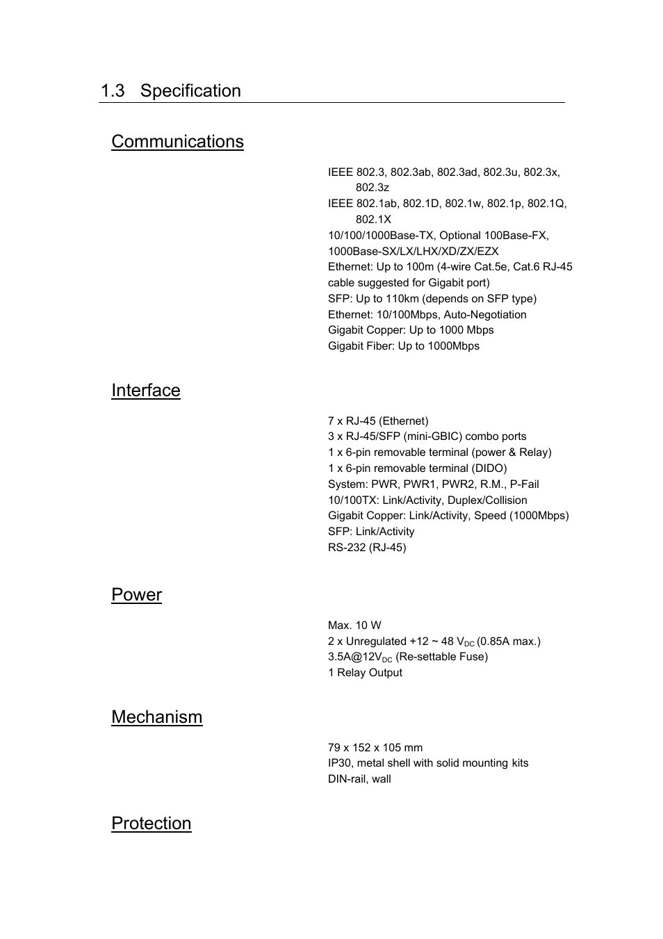 3 specification, Communications, Interface | Power, Mechanism, Protection | Advantech EKI-7657C User Manual | Page 15 / 110