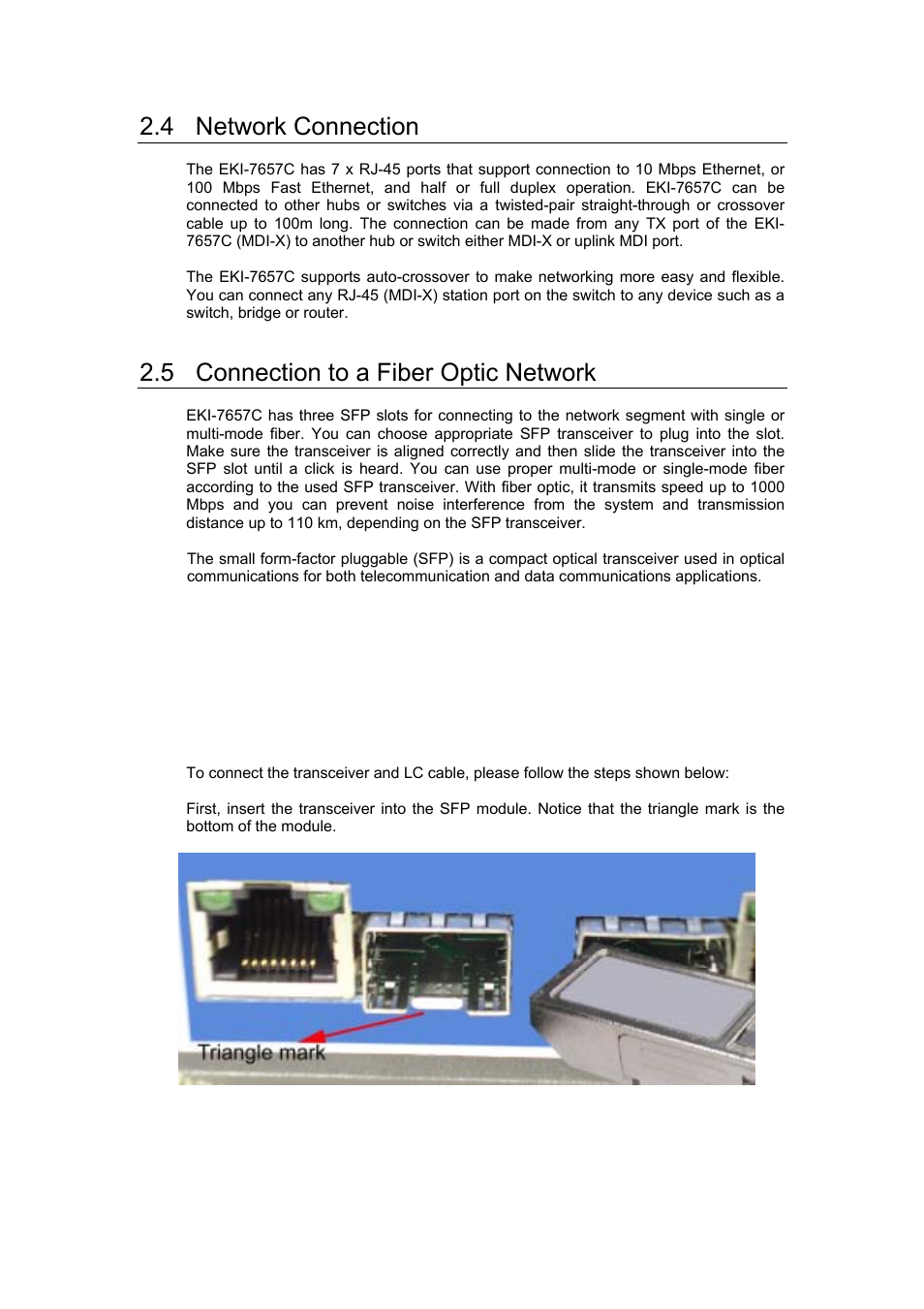 4 network connection, 5 connection to a fiber optic network | Advantech EKI-7657C User Manual | Page 28 / 110