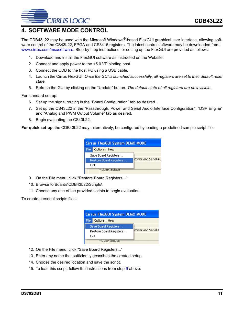 Software mode control, Section 4, Section 4 “software mode control” on | Section 4 “soft, Section 4 on | Cirrus Logic CDB43L22 User Manual | Page 11 / 31