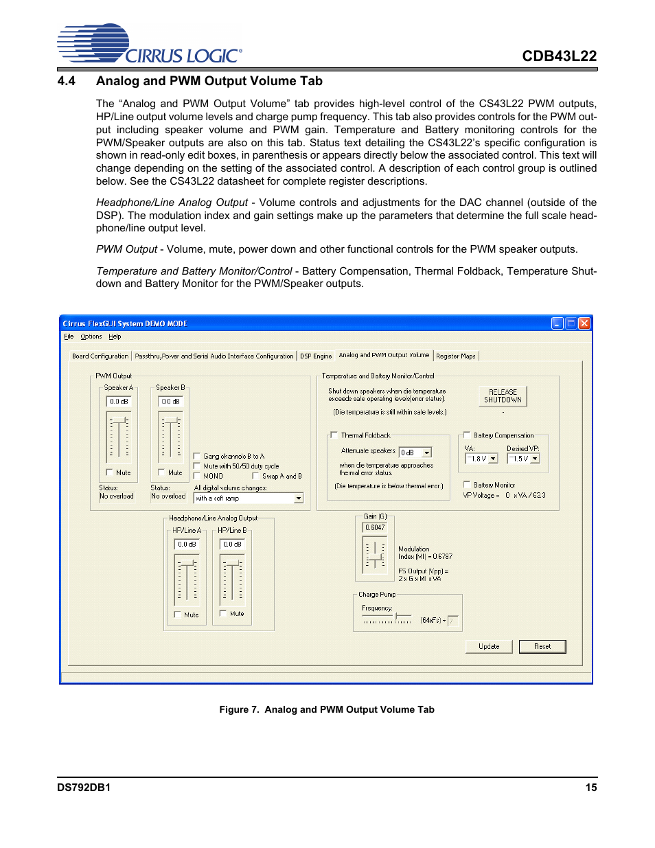 4 analog and pwm output volume tab, Figure 7. analog and pwm output volume tab, Figure 7.analog and pwm output volume tab | Section 4.4, Cdb43l22 | Cirrus Logic CDB43L22 User Manual | Page 15 / 31