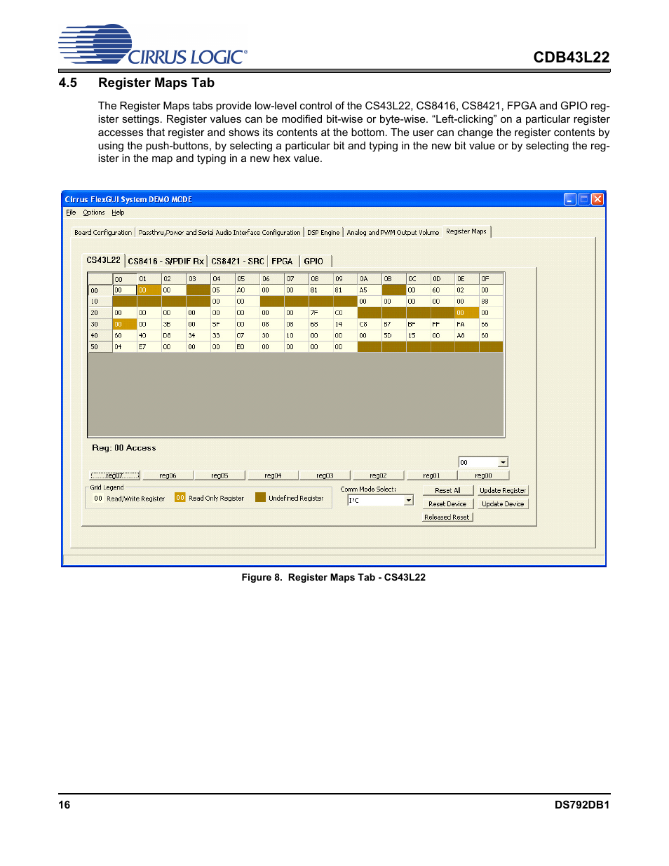 5 register maps tab, Figure 8. register maps tab - cs43l22, Figure 8.register maps tab - cs43l22 | Cdb43l22 | Cirrus Logic CDB43L22 User Manual | Page 16 / 31