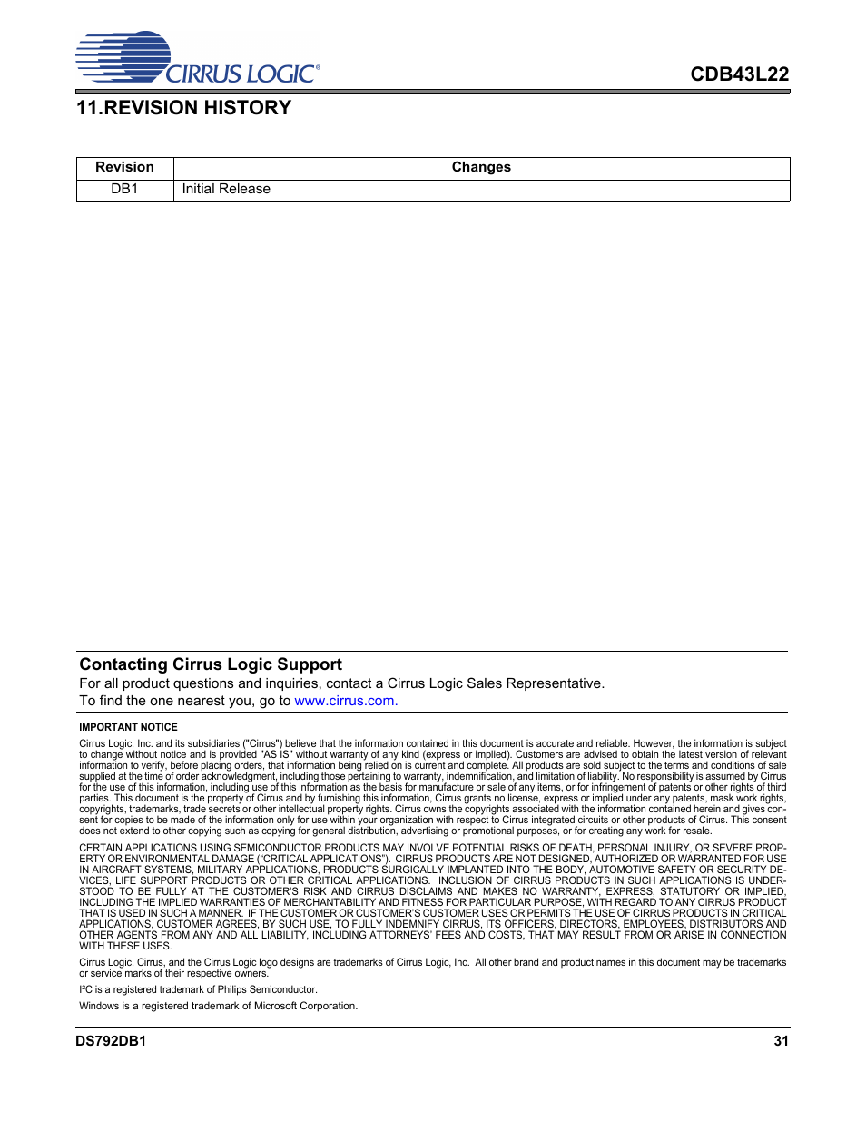 Revision history, Contacting cirrus logic support | Cirrus Logic CDB43L22 User Manual | Page 31 / 31