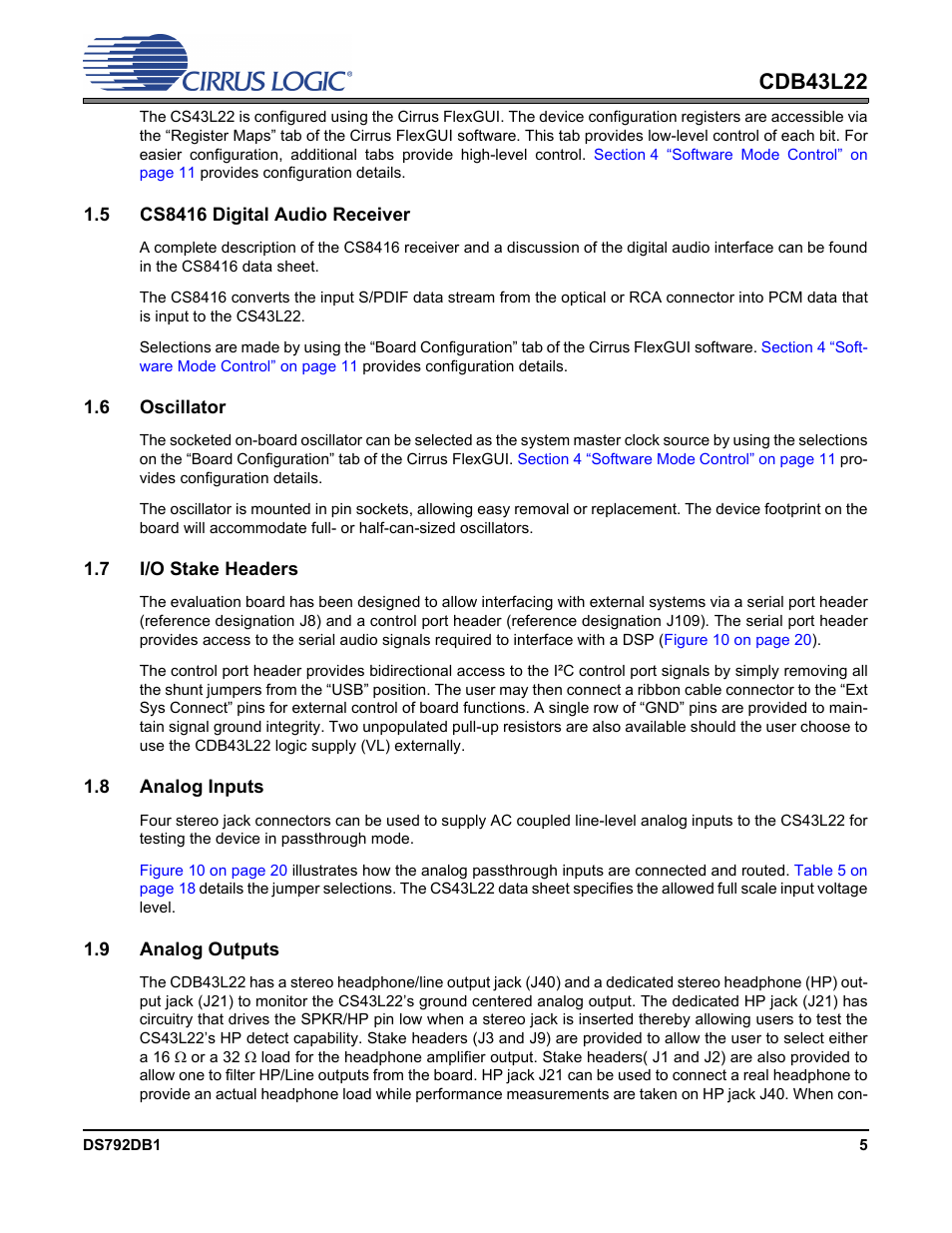 5 cs8416 digital audio receiver, 6 oscillator, 7 i/o stake headers | 8 analog inputs, 9 analog outputs, Cdb43l22 | Cirrus Logic CDB43L22 User Manual | Page 5 / 31