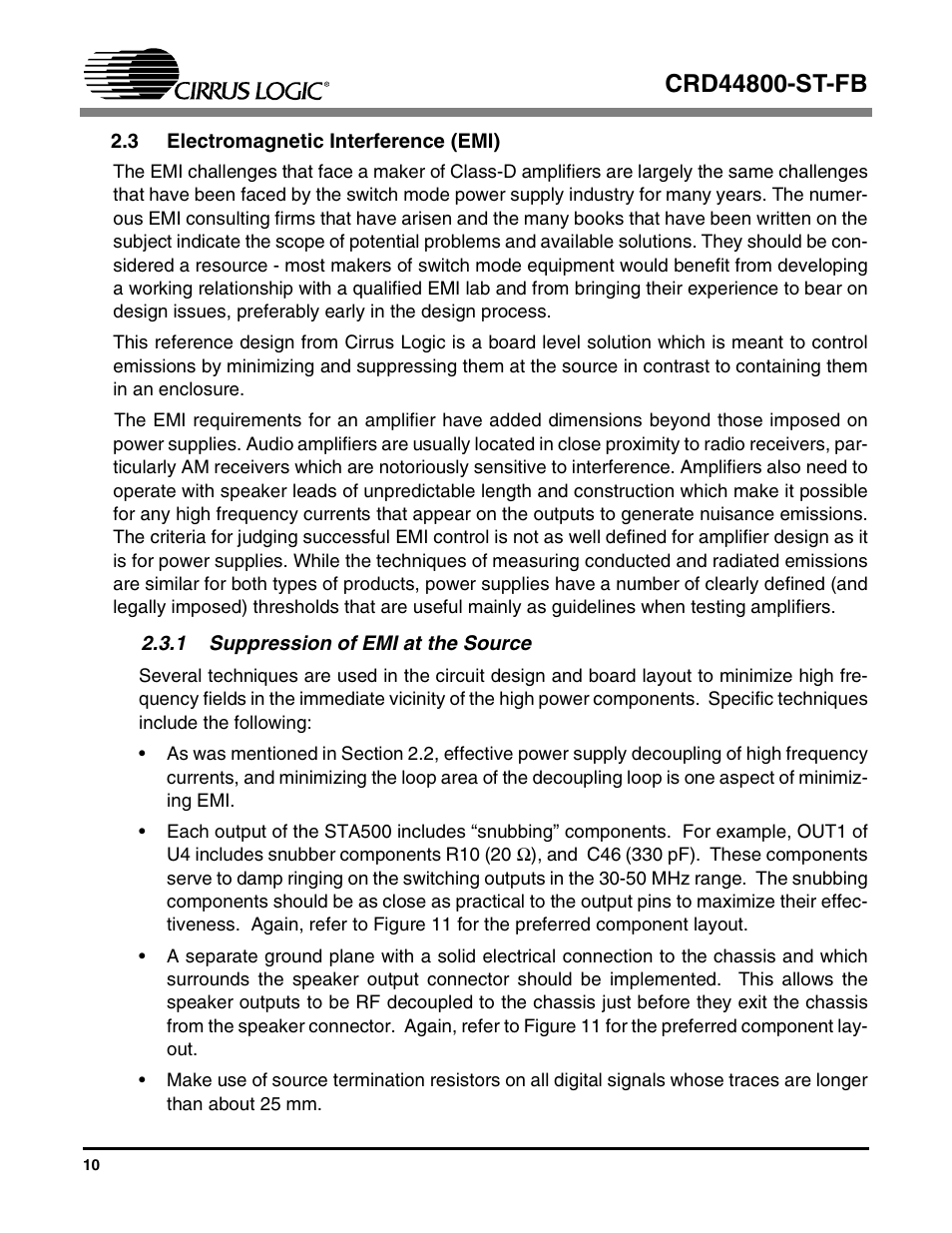 3 electromagnetic interference (emi), 1 suppression of emi at the source | Cirrus Logic CRD44800-ST-FB User Manual | Page 10 / 28