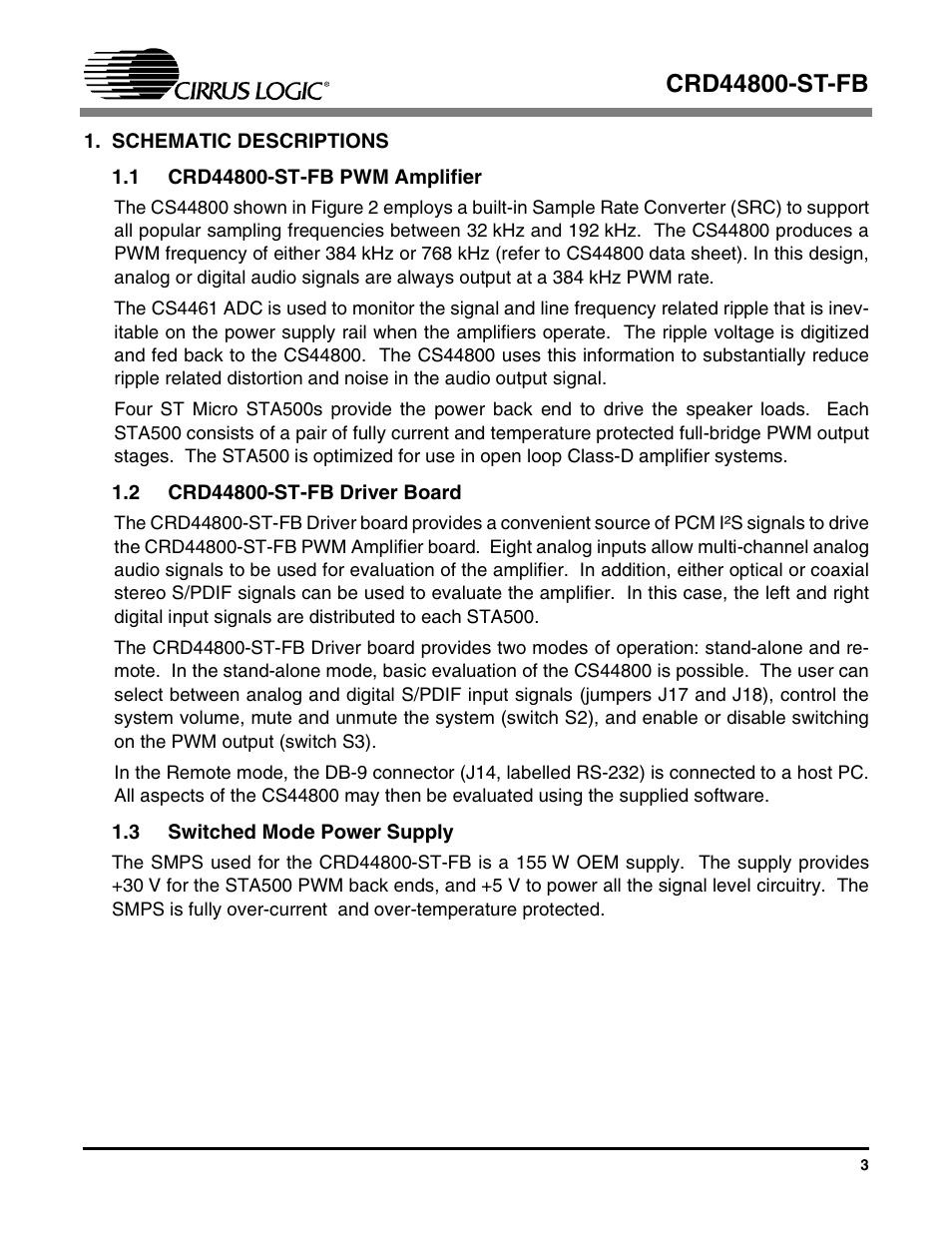 Schematic descriptions, 1 crd44800-st-fb pwm amplifier, 2 crd44800-st-fb driver board | 3 switched mode power supply | Cirrus Logic CRD44800-ST-FB User Manual | Page 3 / 28