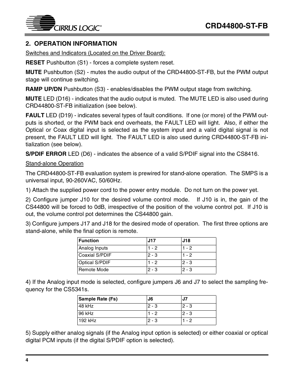 Operation information | Cirrus Logic CRD44800-ST-FB User Manual | Page 4 / 28