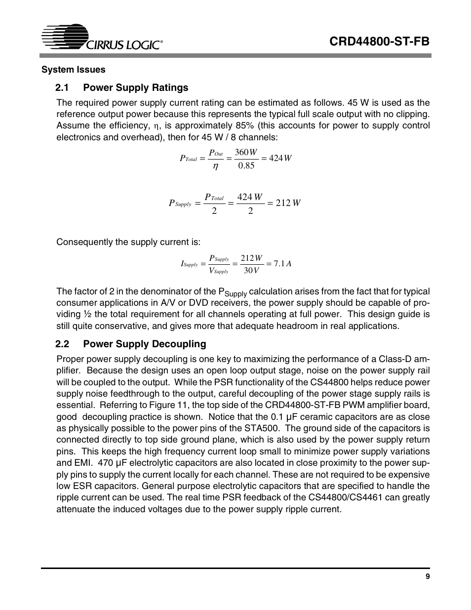 1 power supply ratings, 2 power supply decoupling, 1 power supply ratings 2.2 power supply decoupling | Cirrus Logic CRD44800-ST-FB User Manual | Page 9 / 28