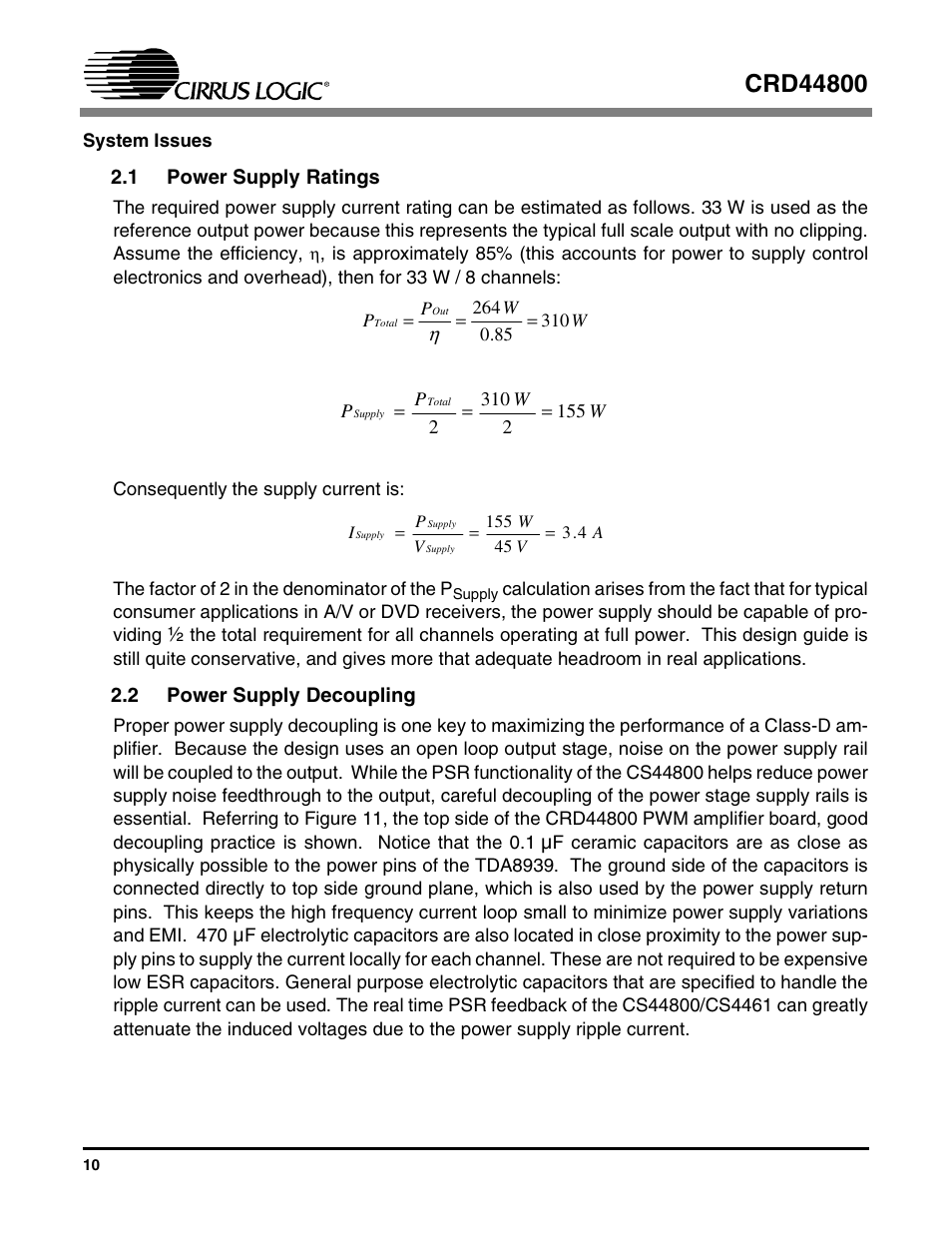 1 power supply ratings, 2 power supply decoupling, 1 power supply ratings 2.2 power supply decoupling | Cirrus Logic CRD44800 User Manual | Page 10 / 29