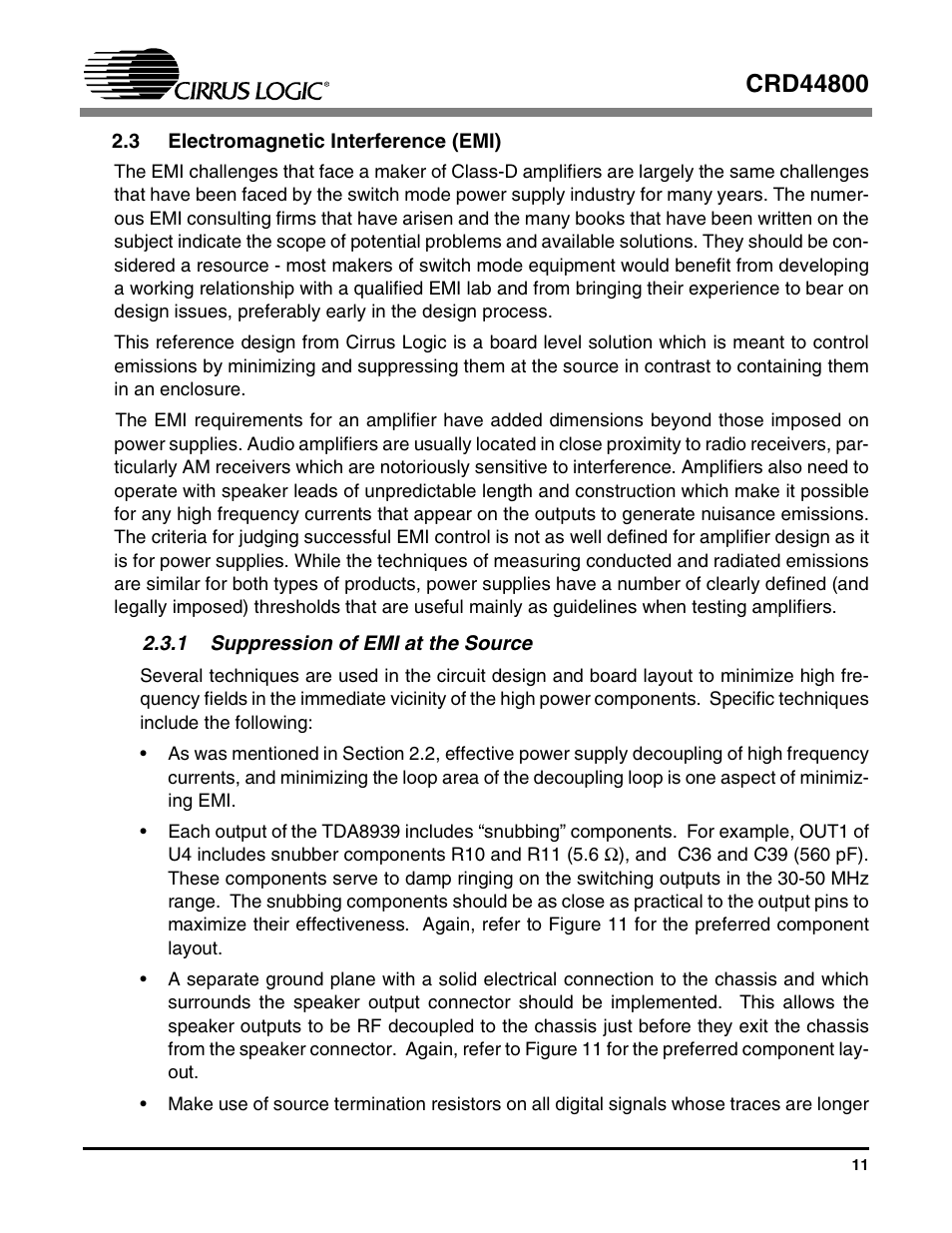 3 electromagnetic interference (emi), 1 suppression of emi at the source | Cirrus Logic CRD44800 User Manual | Page 11 / 29