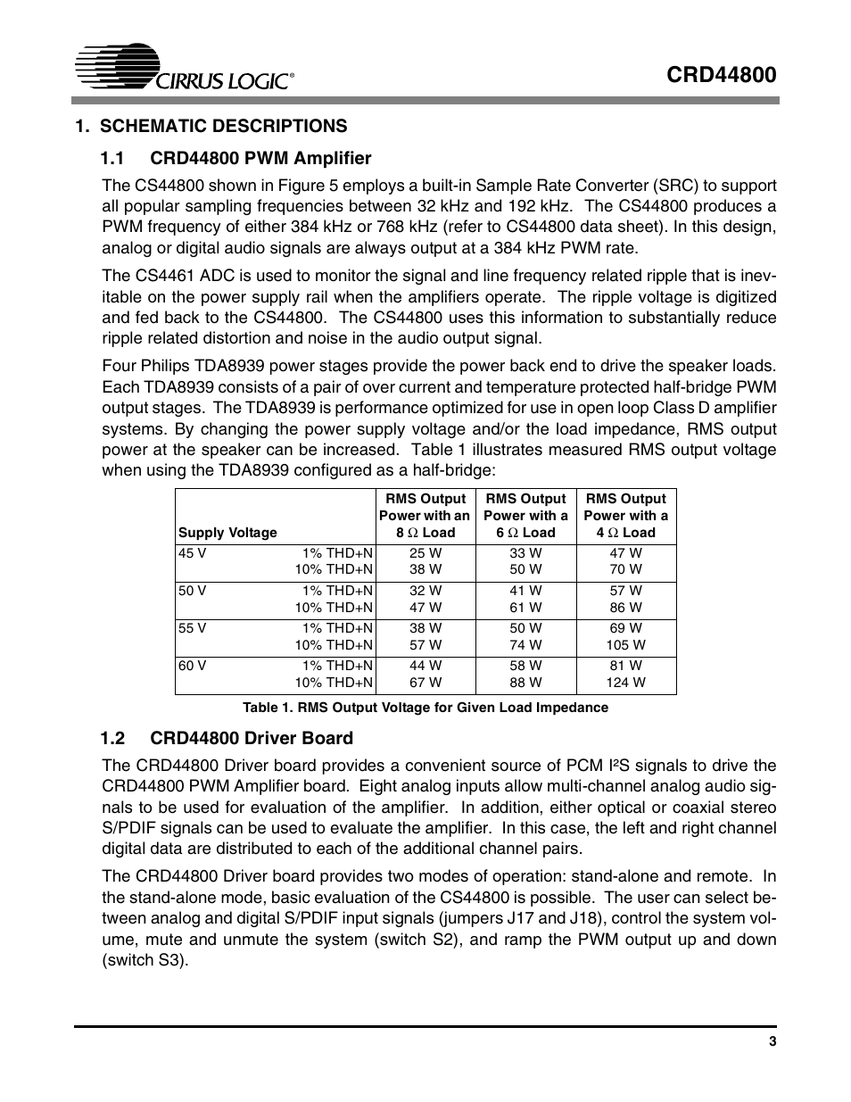 Schematic descriptions, 1 crd44800 pwm amplifier, 2 crd44800 driver board | 1 crd44800 pwm amplifier 1.2 crd44800 driver board | Cirrus Logic CRD44800 User Manual | Page 3 / 29