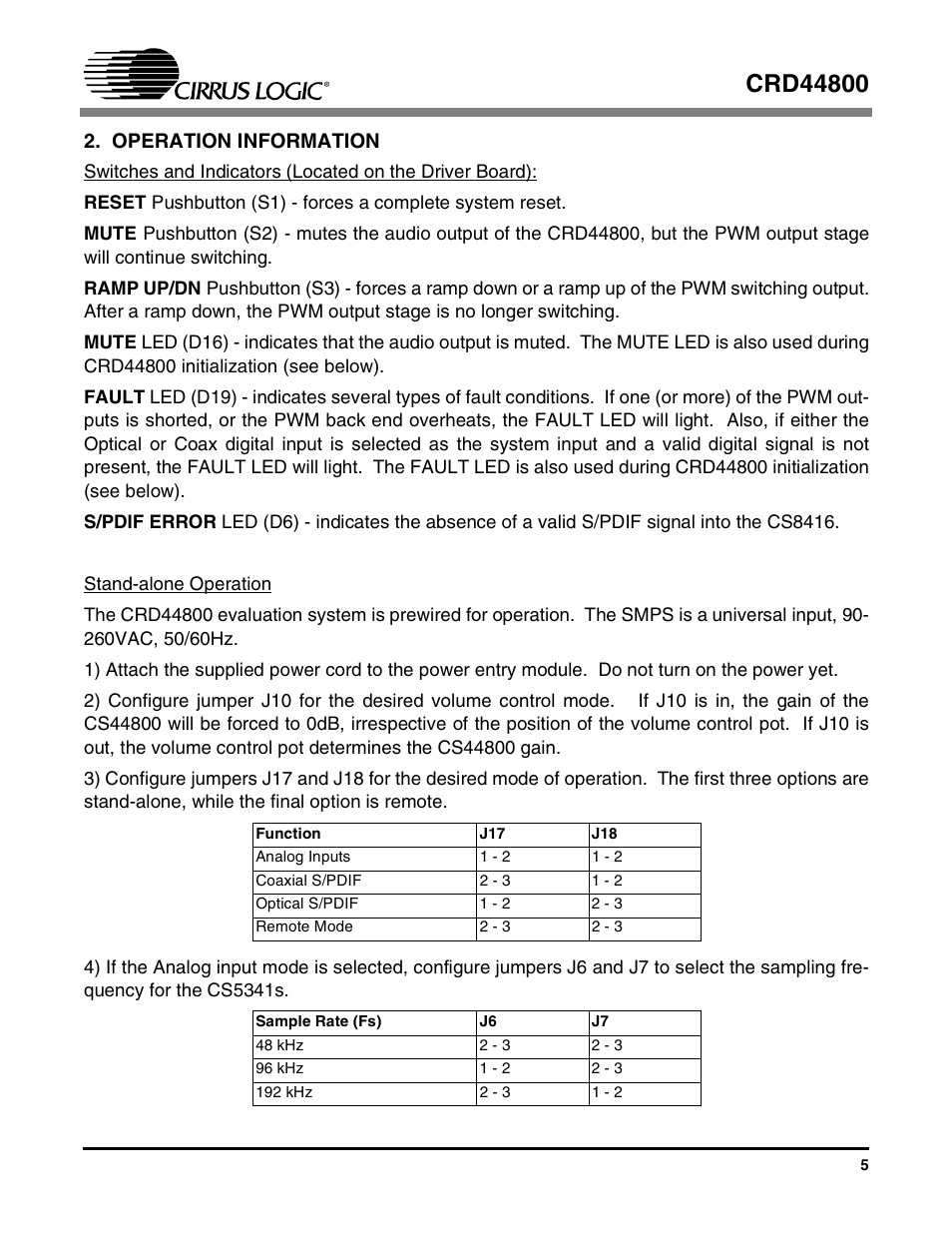 Operation information | Cirrus Logic CRD44800 User Manual | Page 5 / 29