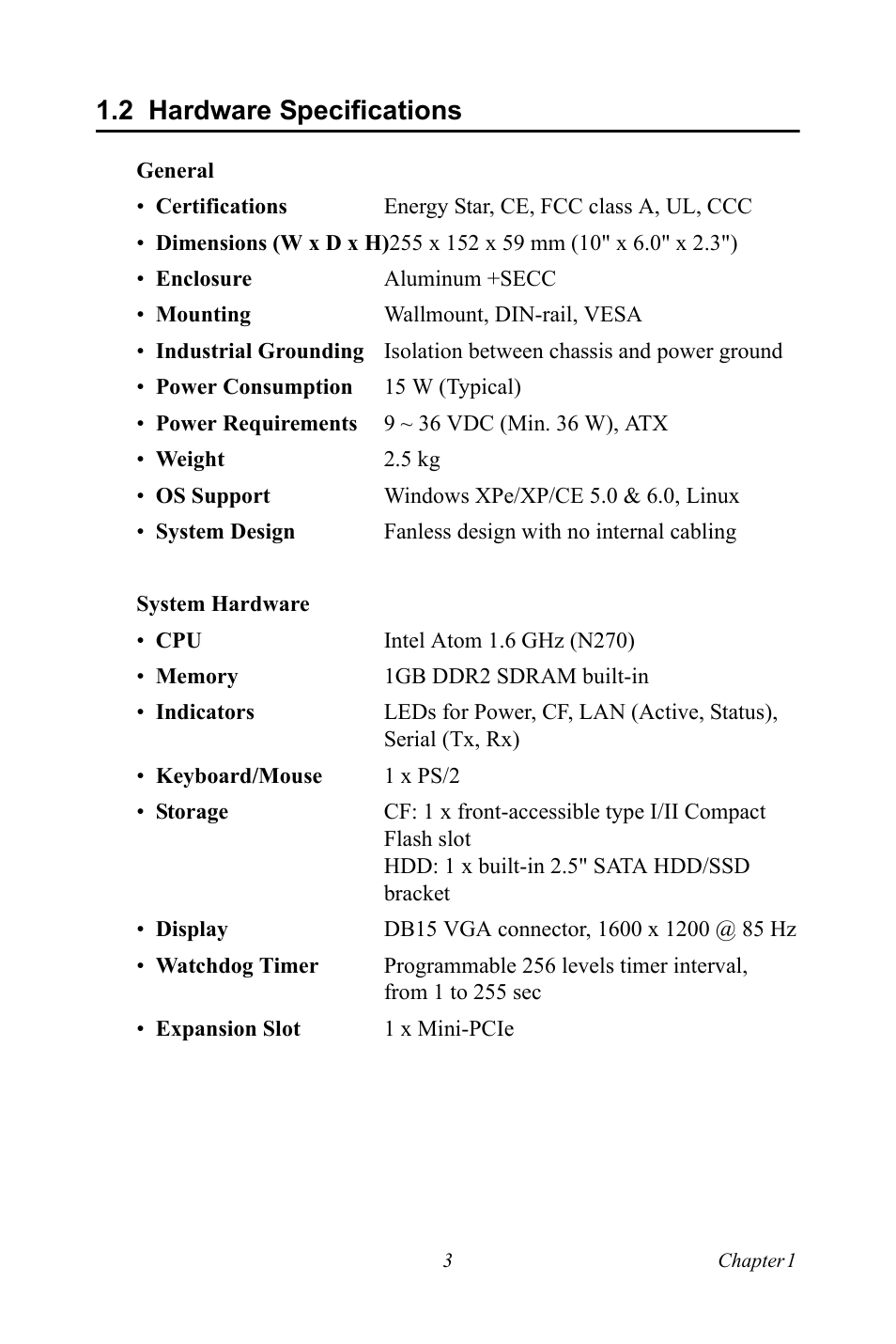 2 hardware specifications, Hardware specifications | Advantech UNO 2173A/AF User Manual | Page 11 / 42