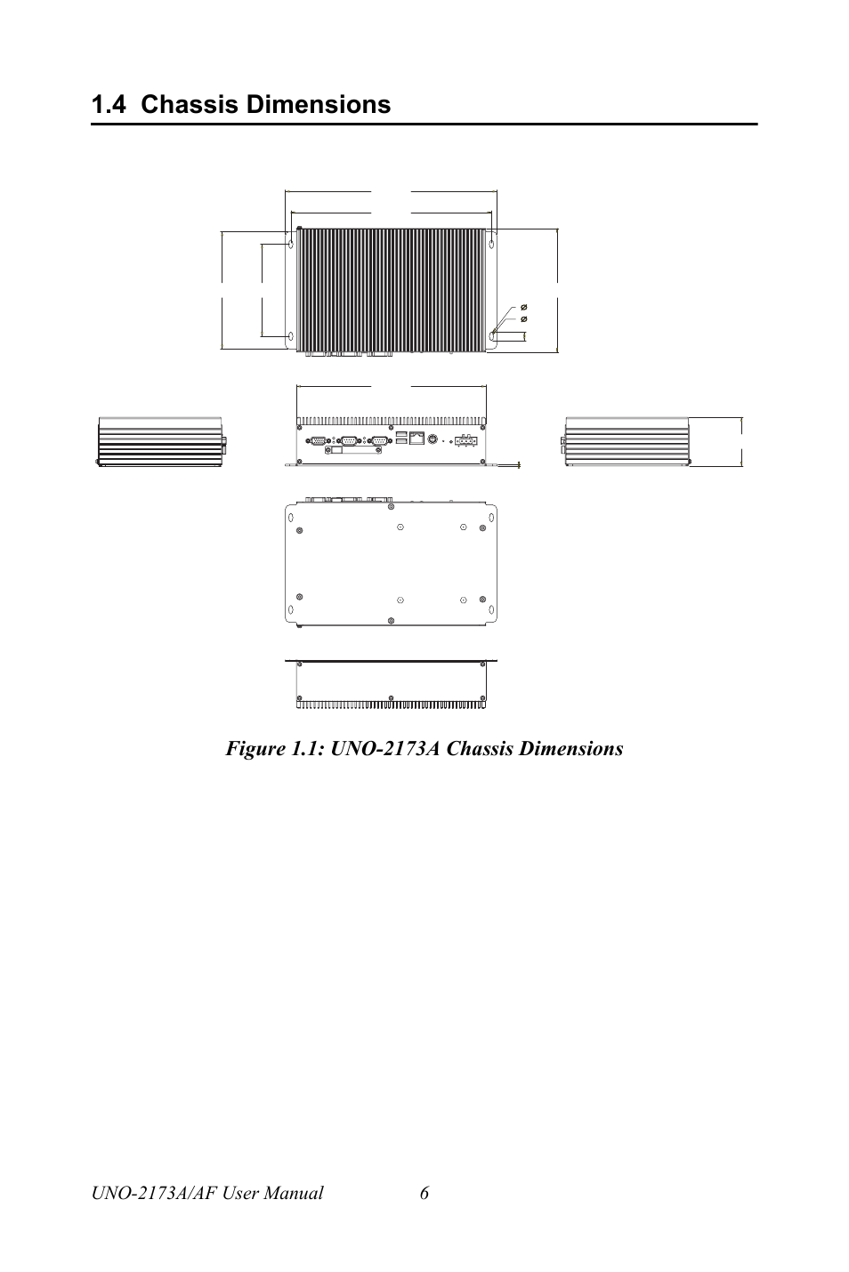 4 chassis dimensions, Figure 1.1: uno-2173a chassis dimensions, Chassis dimensions | Figure 1.1:uno-2173a chassis dimensions | Advantech UNO 2173A/AF User Manual | Page 14 / 42