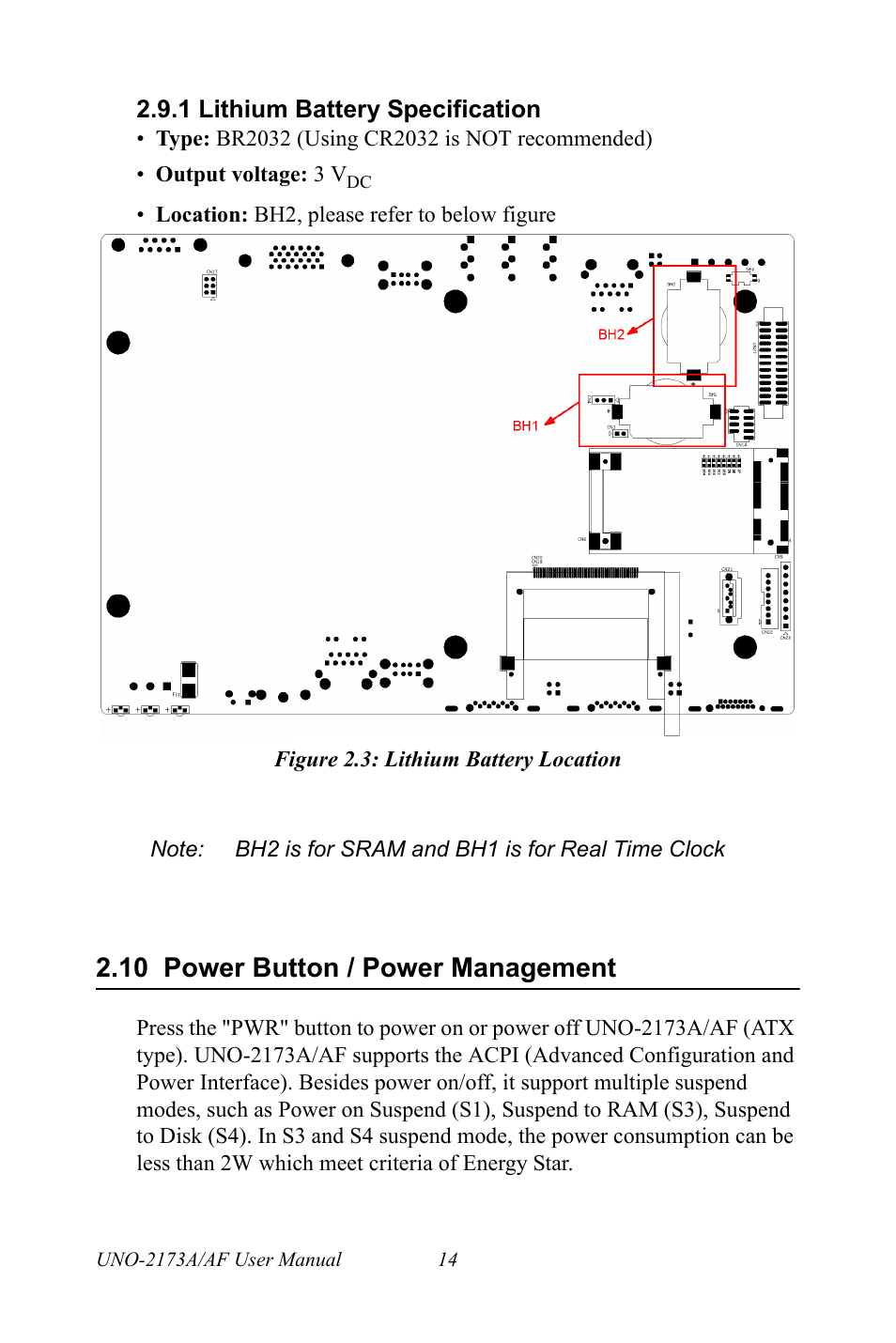 1 lithium battery specification, Figure 2.3: lithium battery location, 10 power button / power management | Power button / power management | Advantech UNO 2173A/AF User Manual | Page 22 / 42