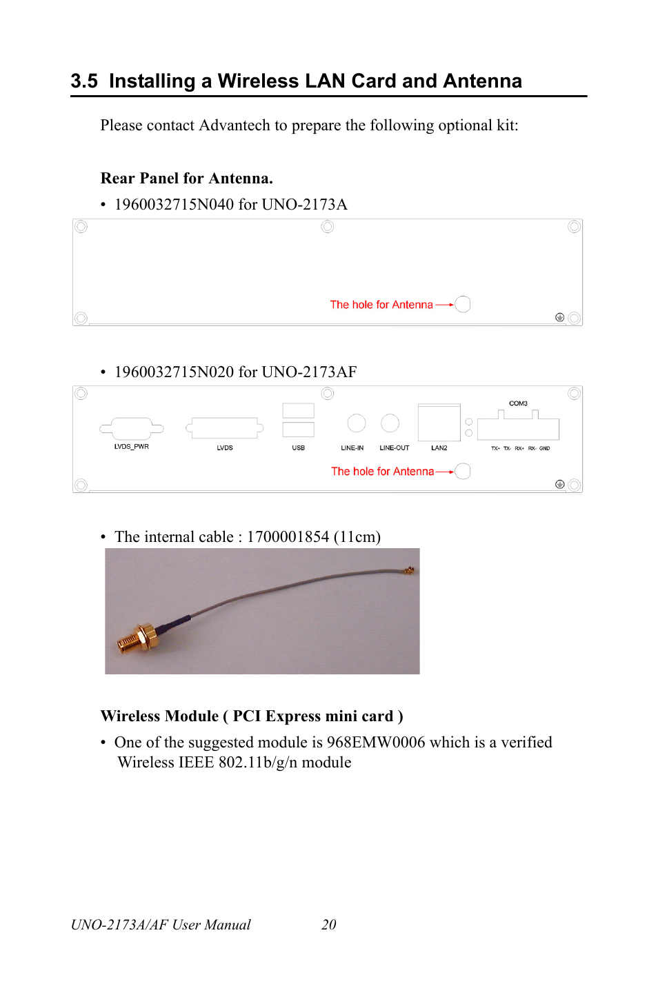 5 installing a wireless lan card and antenna, Installing a wireless lan card and antenna | Advantech UNO 2173A/AF User Manual | Page 28 / 42