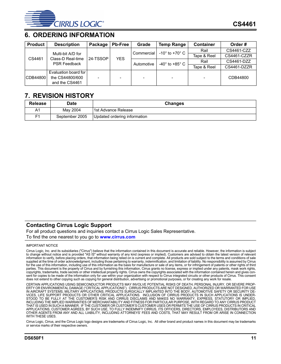 Ordering information, Revision history, Se see | Ordering, Contacting cirrus logic support | Cirrus Logic CS4461 User Manual | Page 11 / 11