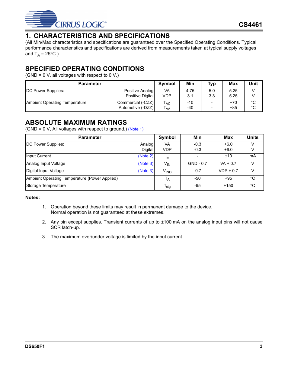 Characteristics and specifications, Specified operating conditions, Absolute maximum ratings | Cirrus Logic CS4461 User Manual | Page 3 / 11