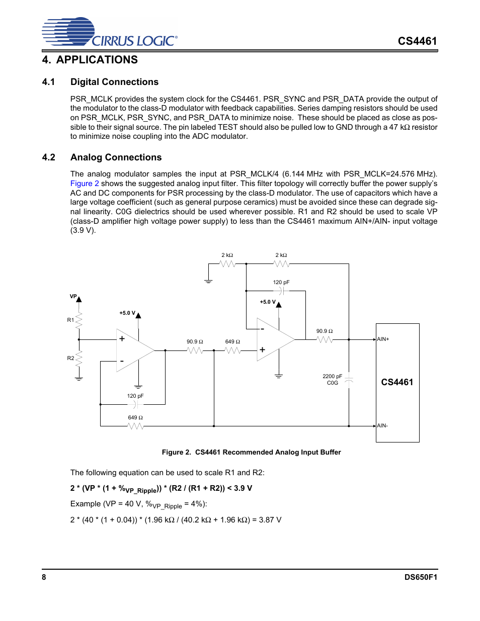 Applications, 1 digital connections, 2 analog connections | Figure 2. cs4461 recommended analog input buffer, 1 digital connections 4.2 analog connections | Cirrus Logic CS4461 User Manual | Page 8 / 11