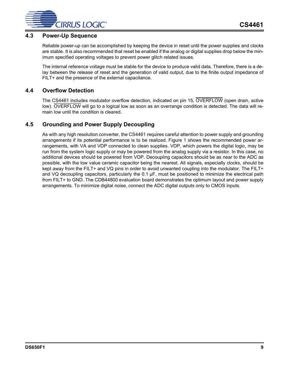 3 power-up sequence, 4 overflow detection, 5 grounding and power supply decoupling | Cs4461 | Cirrus Logic CS4461 User Manual | Page 9 / 11