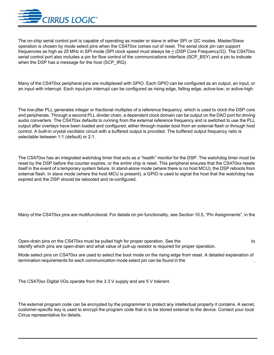 8 serial control port (i2c or spi), 9 gpio, 10 pll-based clock generator | 11 hardware watchdog timer, 4 dsp i/o description, 1 multiplexed pins, 2 termination requirements, 3 pads, 5 application code security | Cirrus Logic CS470xx User Manual | Page 11 / 32