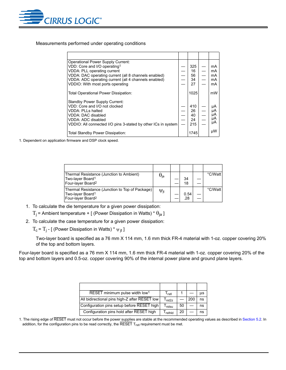 4 power supply characteristics, 5 thermal data (100-pin lqfp with exposed pad), 6 digital switching characteristics-reset | 6 digital switching characteristics–reset | Cirrus Logic CS470xx User Manual | Page 13 / 32