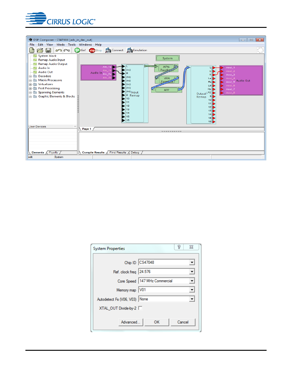 1 system block, 1 system block -2, Figure 4-1. adc in / dac out example -2 | Figure 4-2. cdb47xxx system properties -2, Figure 4-1 | Cirrus Logic CDB470xx User Manual | Page 37 / 87