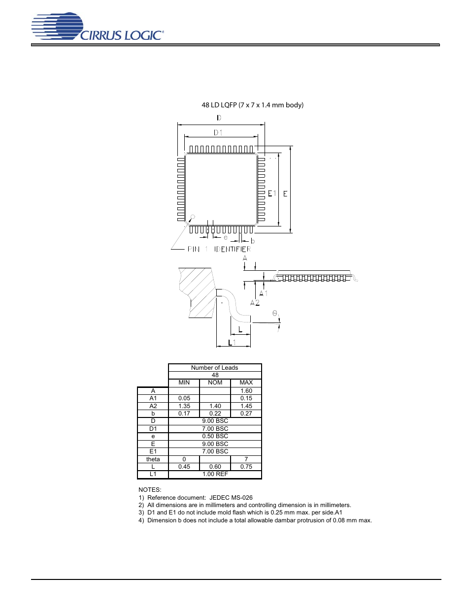 9 package mechanical drawings, 1 48-pin lqfp package drawing, 9 package mechanical drawings -22 | 1 48-pin lqfp package drawing -22, Figure 9-1. 48-pin lqfp package drawing -22 | Cirrus Logic CS485xx User Manual | Page 22 / 23