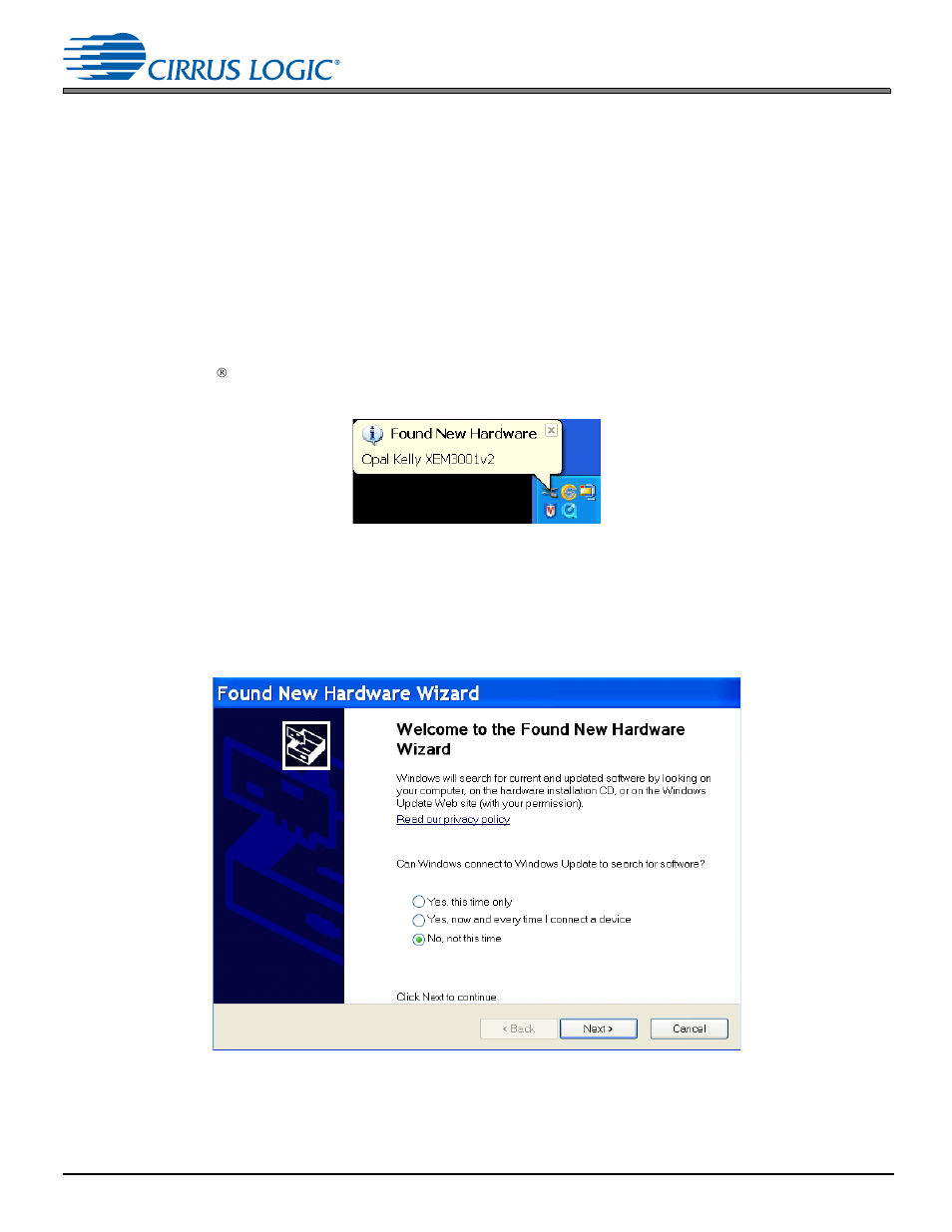 3 connecting to a pc, 3 connecting to a pc -4, Figure 2-3. found new hardware service window -4 | Cirrus Logic CDB48500-USB User Manual | Page 12 / 47
