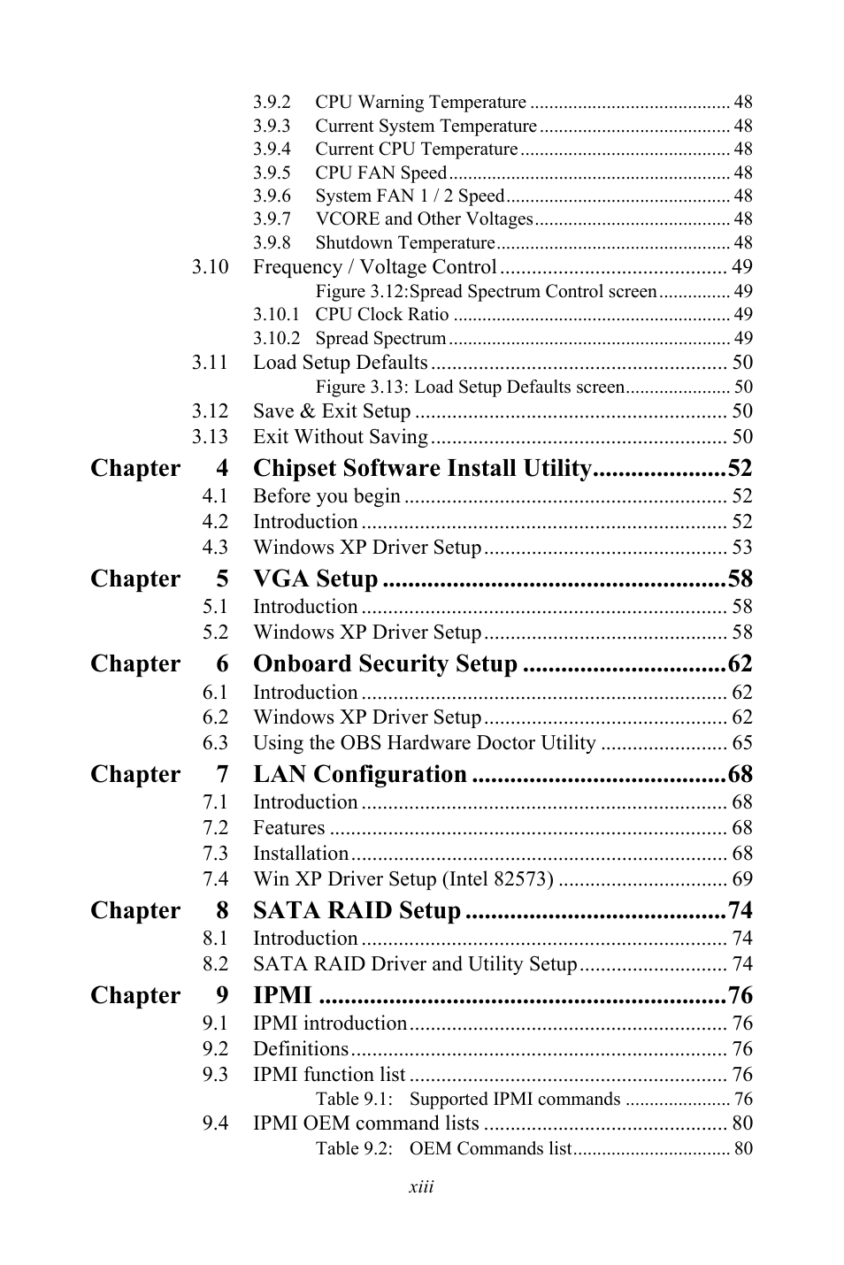 Chapter 4 chipset software install utility, Chapter 5 vga setup, Chapter 6 onboard security setup | Chapter 7 lan configuration, Chapter 8 sata raid setup, Chapter 9 ipmi | Advantech PCE-5120 User Manual | Page 13 / 122