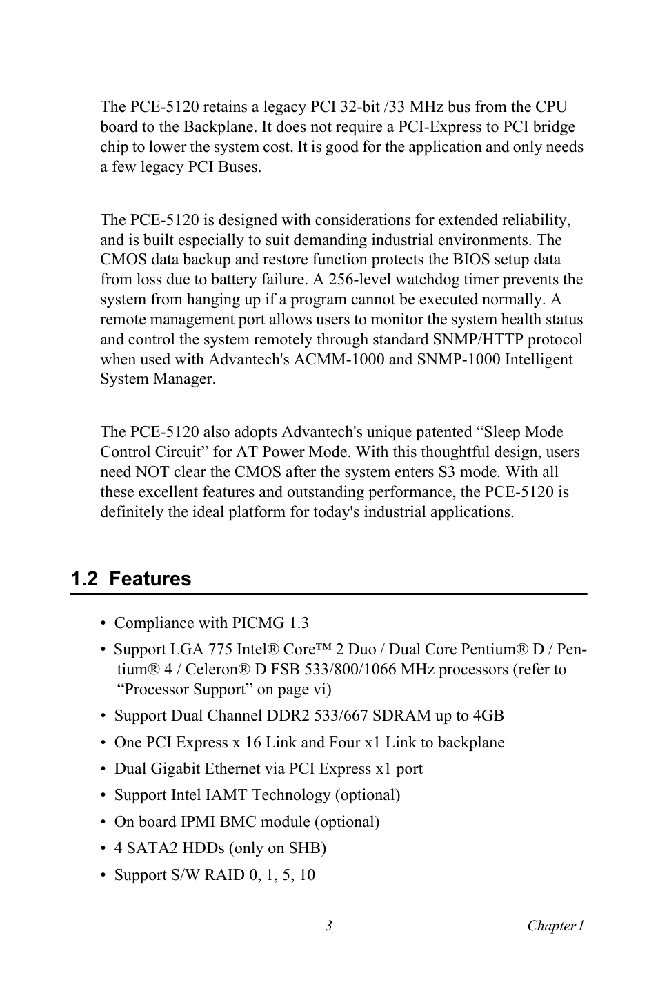 2 features, Features | Advantech PCE-5120 User Manual | Page 19 / 122