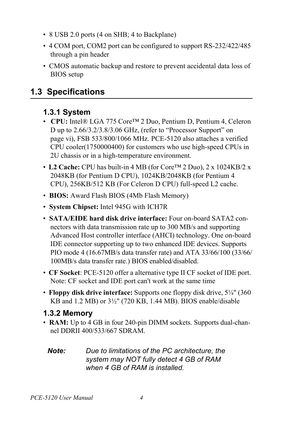 3 specifications, 1 system, 2 memory | Specifications, System, Memory | Advantech PCE-5120 User Manual | Page 20 / 122