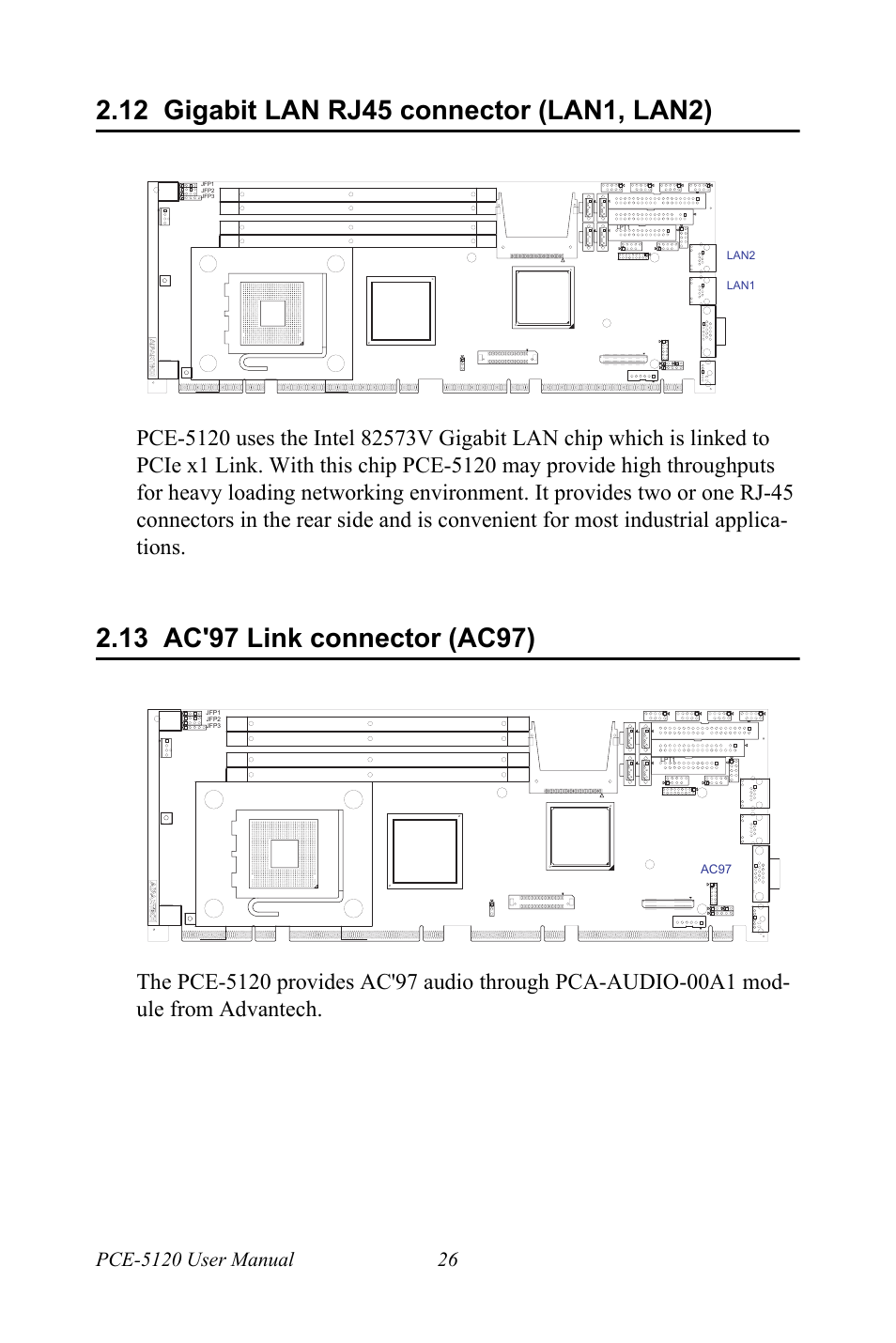 12 gigabit lan rj45 connector (lan1, lan2), 13 ac'97 link connector (ac97), Gigabit lan rj45 connector (lan1, lan2) | Ac'97 link connector (ac97) | Advantech PCE-5120 User Manual | Page 42 / 122