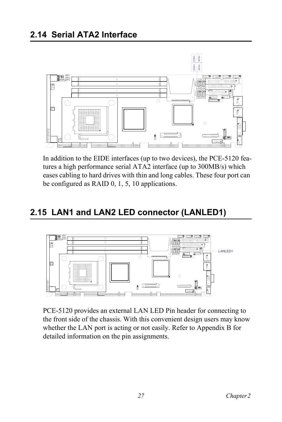 14 serial ata2 interface, 15 lan1 and lan2 led connector (lanled1), Serial ata2 interface | Lan1 and lan2 led connector (lanled1), 27 chapter 2 | Advantech PCE-5120 User Manual | Page 43 / 122