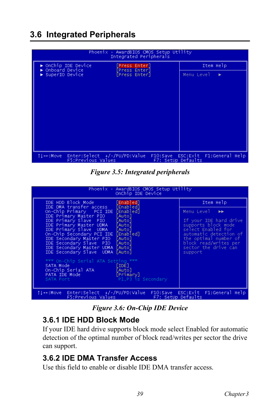 6 integrated peripherals, Figure 3.5: integrated peripherals, Figure 3.6: on-chip ide device | 1 ide hdd block mode, 2 ide dma transfer access, Integrated peripherals, Ide hdd block mode, Ide dma transfer access | Advantech PCE-5120 User Manual | Page 55 / 122