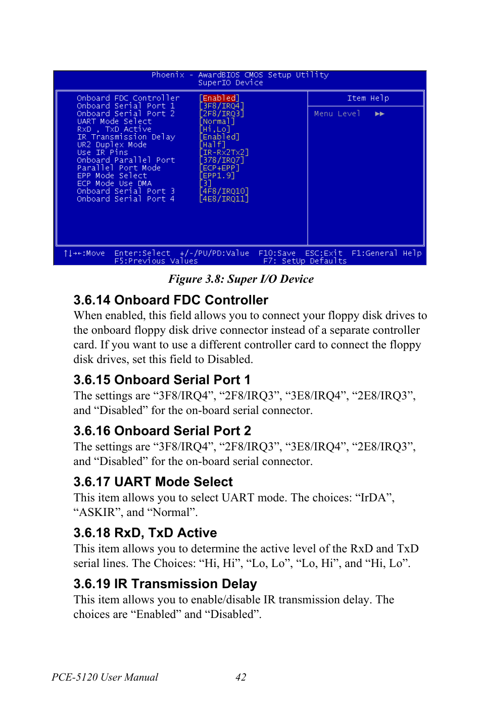 Figure 3.8: super i/o device, 14 onboard fdc controller, 15 onboard serial port 1 | 16 onboard serial port 2, 17 uart mode select, 18 rxd, txd active, 19 ir transmission delay | Advantech PCE-5120 User Manual | Page 58 / 122