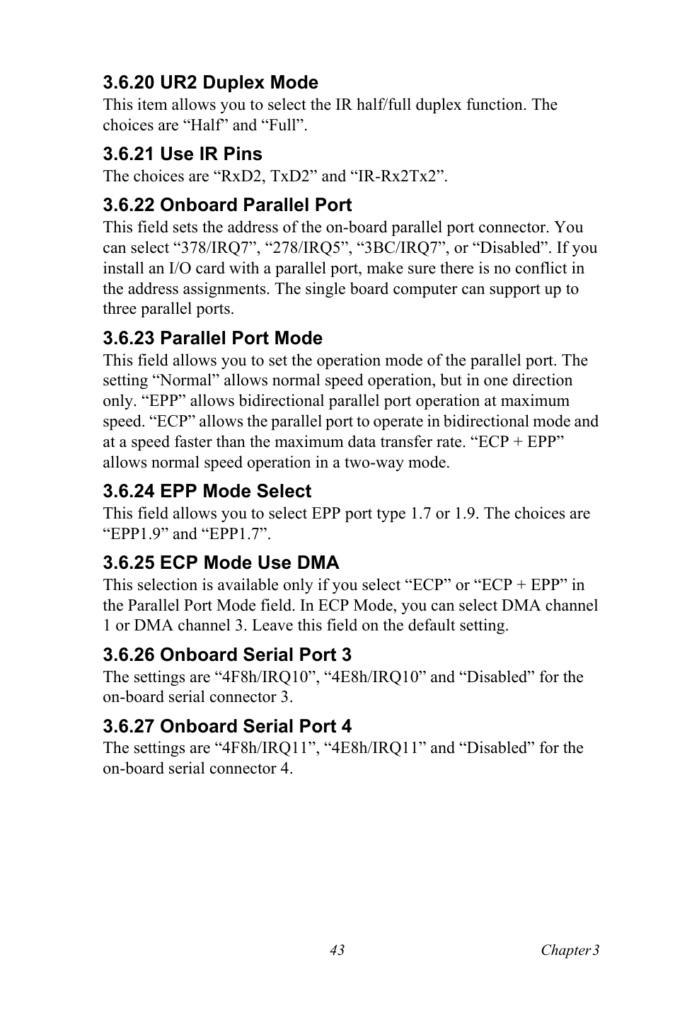 20 ur2 duplex mode, 21 use ir pins, 22 onboard parallel port | 23 parallel port mode, 24 epp mode select, 25 ecp mode use dma, 26 onboard serial port 3, 27 onboard serial port 4 | Advantech PCE-5120 User Manual | Page 59 / 122