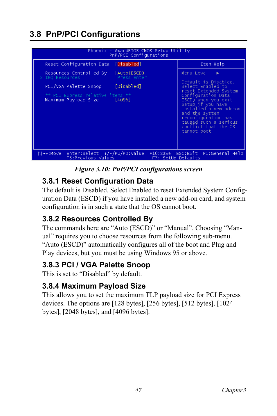 8 pnp/pci configurations, Figure 3.10: pnp/pci configurations screen, 1 reset configuration data | 2 resources controlled by, 3 pci / vga palette snoop, 4 maximum payload size, Pnp/pci configurations, Figure 3.10:pnp/pci configurations screen, Reset configuration data, Resources controlled by | Advantech PCE-5120 User Manual | Page 63 / 122