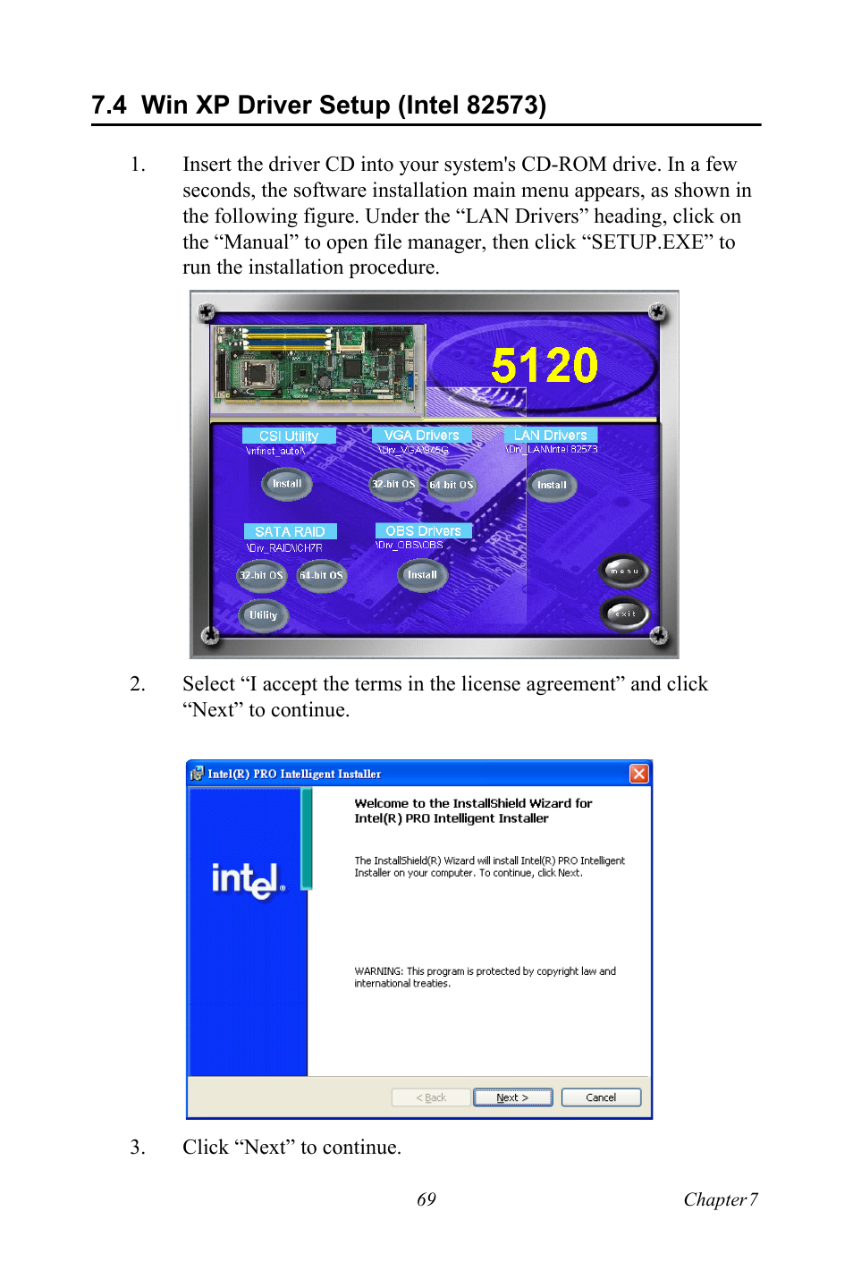 4 win xp driver setup (intel 82573), Win xp driver setup (intel 82573) | Advantech PCE-5120 User Manual | Page 85 / 122