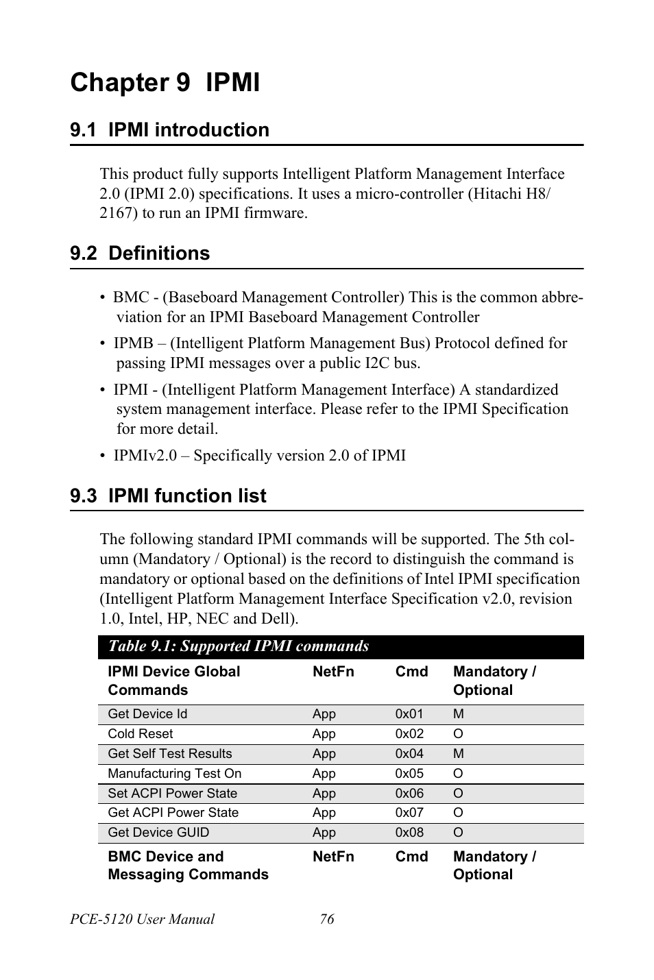 Chapter 9 ipmi, 1 ipmi introduction, 2 definitions | 3 ipmi function list, Table 9.1: supported ipmi commands, Chapter, 9 ipmi, Ipmi introduction, Definitions, Ipmi function list | Advantech PCE-5120 User Manual | Page 92 / 122