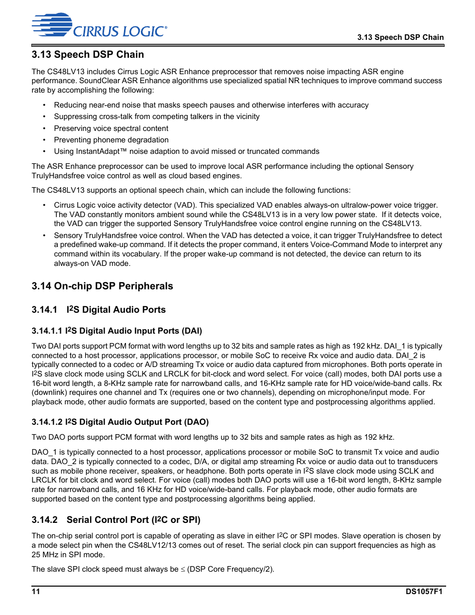 13 speech dsp chain, 14 on-chip dsp peripherals, 1 i2s digital audio ports | 2 serial control port (i2c or spi) | Cirrus Logic CS48LV13 User Manual | Page 11 / 26