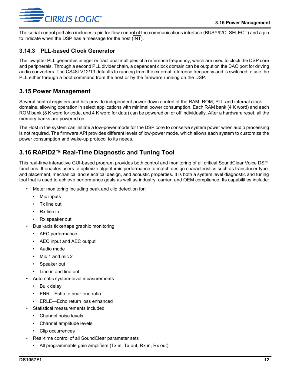 3 pll-based clock generator, 15 power management, 16 rapid2™ real-time diagnostic and tuning tool | 16 rapid2, Real-time diagnostic and tuning tool | Cirrus Logic CS48LV13 User Manual | Page 12 / 26